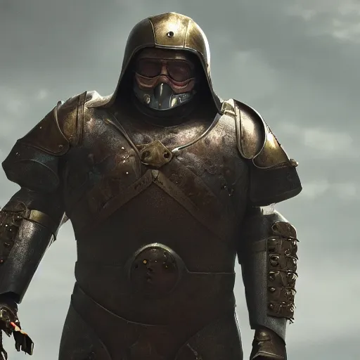 Image similar to gabe newell in a full futuristic medieval armor, cinematic still, 8 k