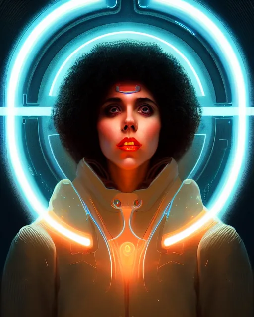 Image similar to symmetry portrait of poly styrene, sci - fi, tech wear, glowing lights intricate, elegant, highly detailed, digital painting, artstation, concept art, smooth, sharp focus, illustration, art by artgerm and greg rutkowski and alphonse mucha