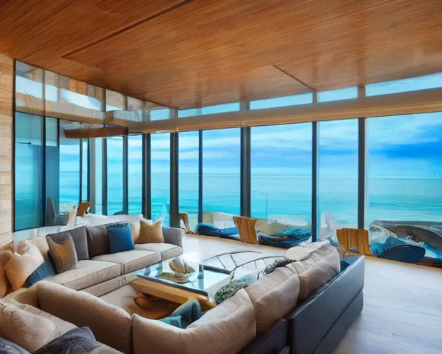 Prompt: A modern living room in a ocean hues style, inspired by the ocean, big Terrace overlooking the ocean, luxurious wooden coffee table, calm, relaxed style, harmony, wide angle shot, 8k resolution