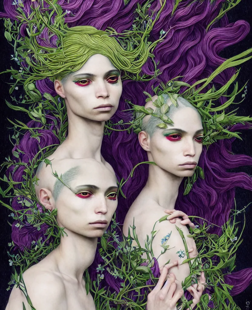 Prompt: 1 figure!!!!!!, the non-binary deity of Spring, resembling a mix of Grimes, Aurora Aksnes, and Zoë Kravitz, in a style blend of Botticelli, Möbius and Æon Flux, the figure is made out of spring flora and fauna, surrealism, stunningly detailed artwork, hyper photorealistic 4K, stunning gradient colors, very fine inking lines