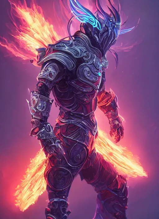 Image similar to a highly detailed illustration of futuristic cyber knight with flaming plume with arm blades, rigid bulky armor, glowing purple line cracks in armor, dramatic standing pose, intricate, elegant, highly detailed, centered, digital painting, artstation, concept art, smooth, sharp focus, league of legends concept art, WLOP