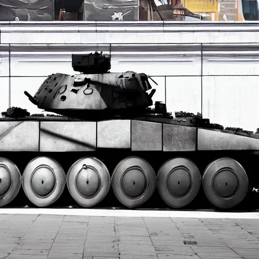 Image similar to daoist heavy armor battle tank painted in white and black yin - yang symbol in cosmos blasting away at surveillance capitalism