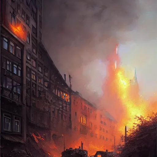 Image similar to city of munich destroyed by a meteor!!!, rubble!!, fires!! hyperrealistic, highly detailed, cinematic, foggy light from fires, beautiful, cgssociety, artstation, 8 k, oil painting by greg rutkowski, by artgerm, by wlop