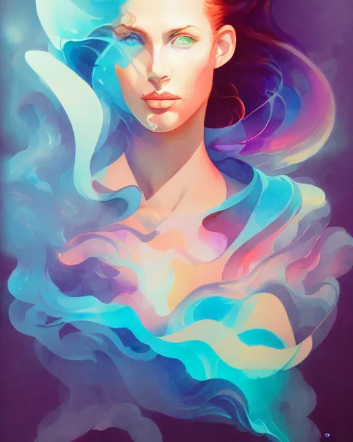 Image similar to synthwave water smoke portrait, shattering acrylic geometric watercolor art by peter mohrbacher and artgerm