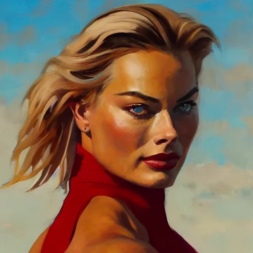 Prompt: greg manchess portrait of margot robbie as thick female bodybuilder lara croft wearing red dress, epic grimdark, fantasy, medium shot, asymmetrical, profile picture, organic painting, sunny day, matte painting, bold shapes, hard edges, street art, trending on artstation, by huang guangjian and gil elvgren and sachin teng