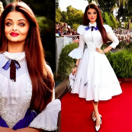 Image similar to aishwarya rai bachchan as alice in wonderland wearing a white dress