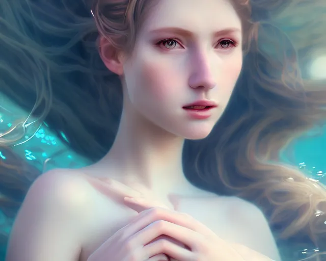 Image similar to beautiful hyperrealistic female portrait, porcelain skin, in long flowy dress, very detailed, underwater, cinematic volumetric lighting, soft bokeh, glow, 8 k, by lexi laine, by wlop, by marvel, by mucha