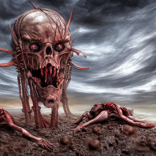 Image similar to conjoined demon twins emerging from pile of corpses in a desert hellscape covered in blood by Yoshitaka Amano, by HR Giger, biomechanical, 4k, hyper detailed, hyperrealism, anime, a Broken World demons flying overhead, red sky, blood and body parts, deviantart, artstation