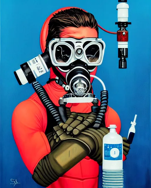 Image similar to portrait of an armoured diver man wearing oxygen mask, has blood, rose, a pistol and a syringe needle with sea background intricate details with horror side profile by Sandra Chevrier