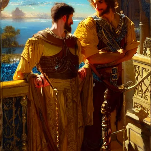 Image similar to attractive fully clothed king confesses his love for his attractive fully clothed male prince. highly detailed painting by gaston bussiere, craig muler, j. c. leyendecker 8 k