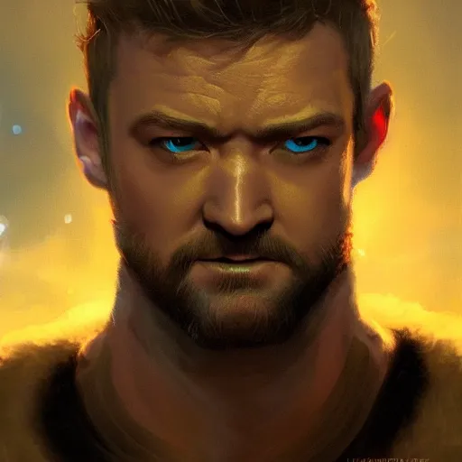 Prompt: a beautiful Norse Warrior based on Justin Timberlake with glowing aura by Greg Rutkowski and Raymond Swanland, Trending on Artstation, cloudy background, ultra realistic digital art