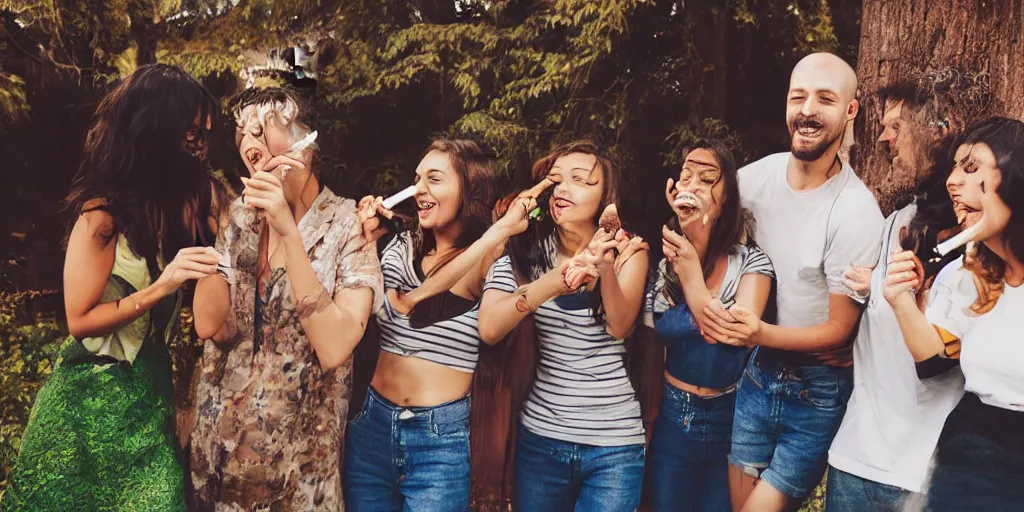 Prompt: photo of happy friends smoking