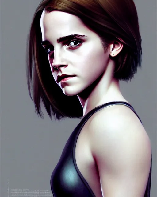 Image similar to sophisticated portrait of young Emma Watson starring in ghost in the shell, elegance, highly detailed, shallow depth of field, Artstation, Artgerm, Donato Giancola and Joseph Christian Leyendecker