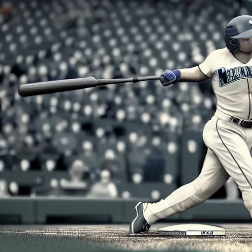 Image similar to seattle mariner baseball player hitting a home run at a full baseball park, photo realistic, found on artstation