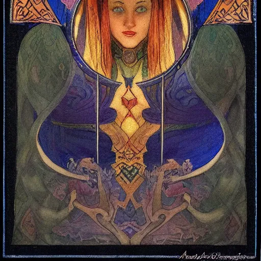 Image similar to the lantern crown, by Annie Swynnerton and Nicholas Roerich and Edmund Dulac, embroidered brocade, tattoos, elaborate costume, geometric ornament, symbolist, rich colors, dramatic lighting, smooth, sharp focus, extremely detailed