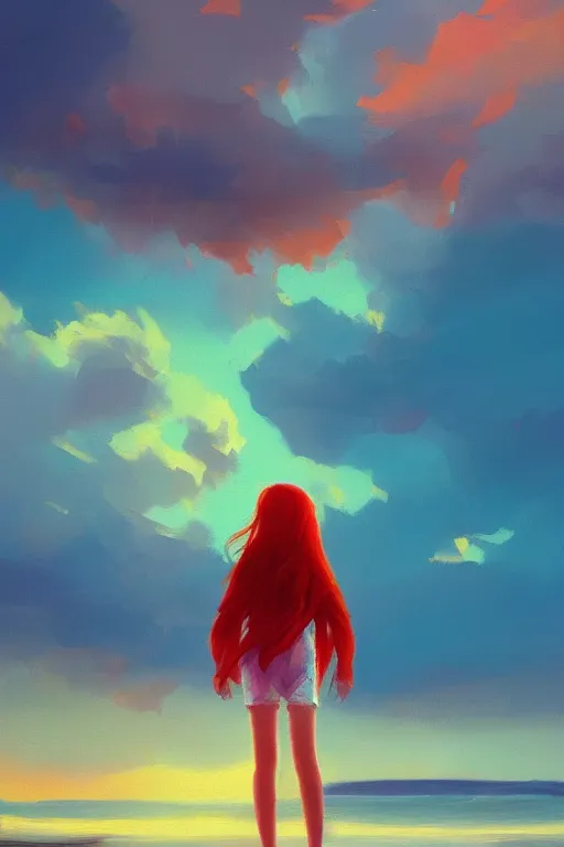 Prompt: a red haired young girl beach surreal, sunrise, dramatic light, impressionist painting, colorful clouds, digital painting, artstation, simon stalenhag