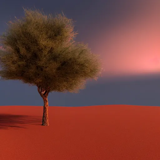 Image similar to Red sand desert,tree,cloudy,windy,dusk,cinematic composition,cinematic lighting,photo real,hyper realistic,highly detailed,8k render