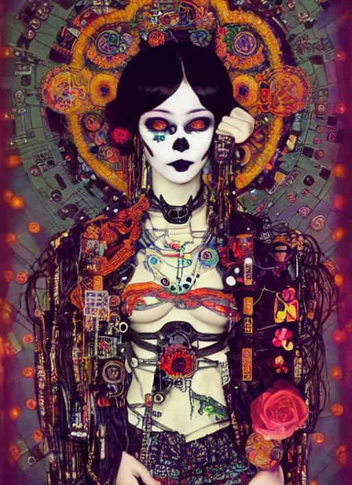 Image similar to cute punk goth fashion hippy fractal Día de los Muertos android girl wearing kimono made of circuits and leds by Zhang Jingna, psychedelic poster art by Hannah Höch Käthe Köllwitz Victor Moscoso Rick Griffin Alphonse Mucha Gustav Klimt Ayami Kojima Amano Charlie Bowater