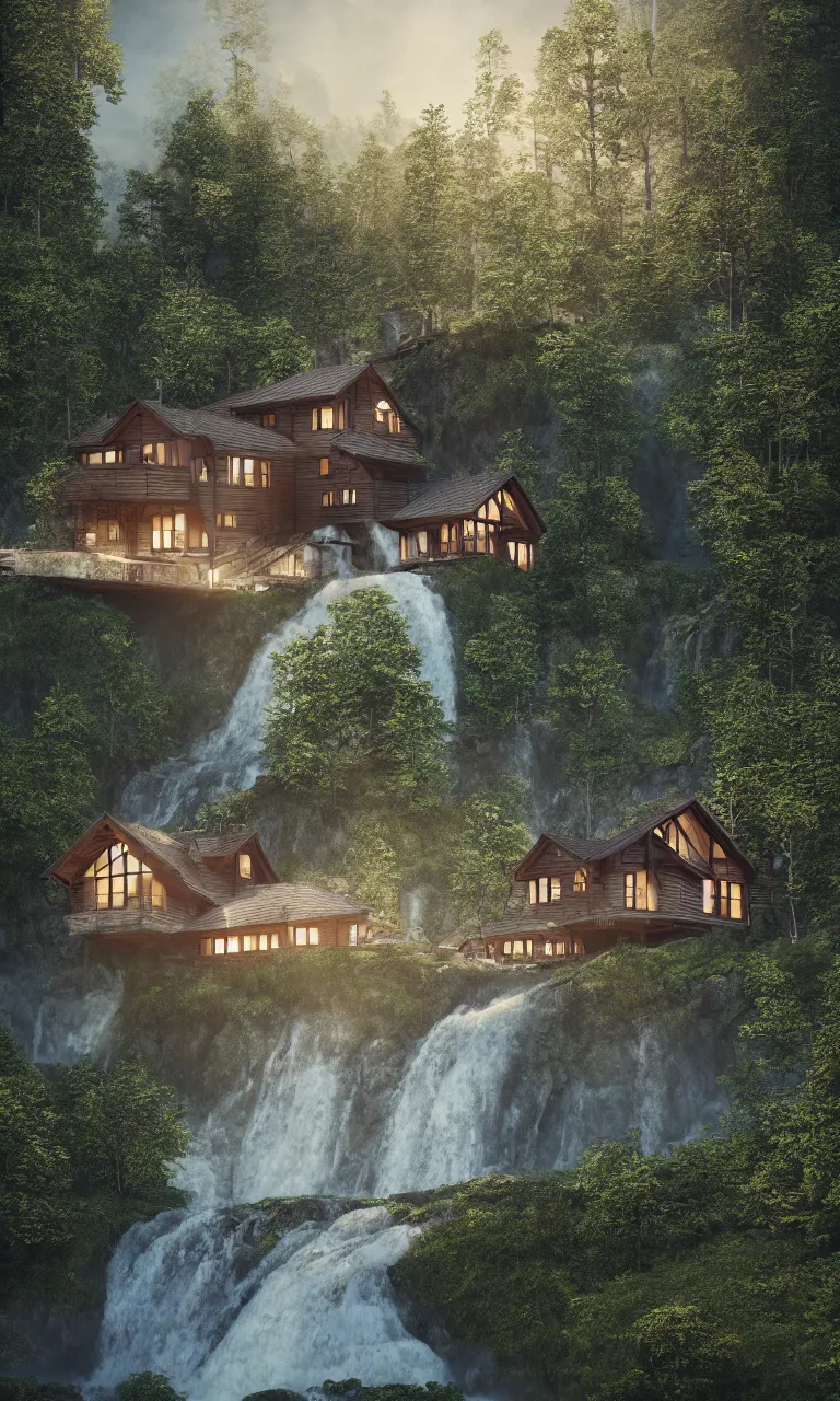 Image similar to beautiful large scandinavian house in the forest on a hill, a large waterfall flows down from the mountain in the background, octane render, fabulous, hyper detailed, random cinematic view, no noise, global illumination, warm lighting, volumetric, godrays, vivid, by jordan grimmer