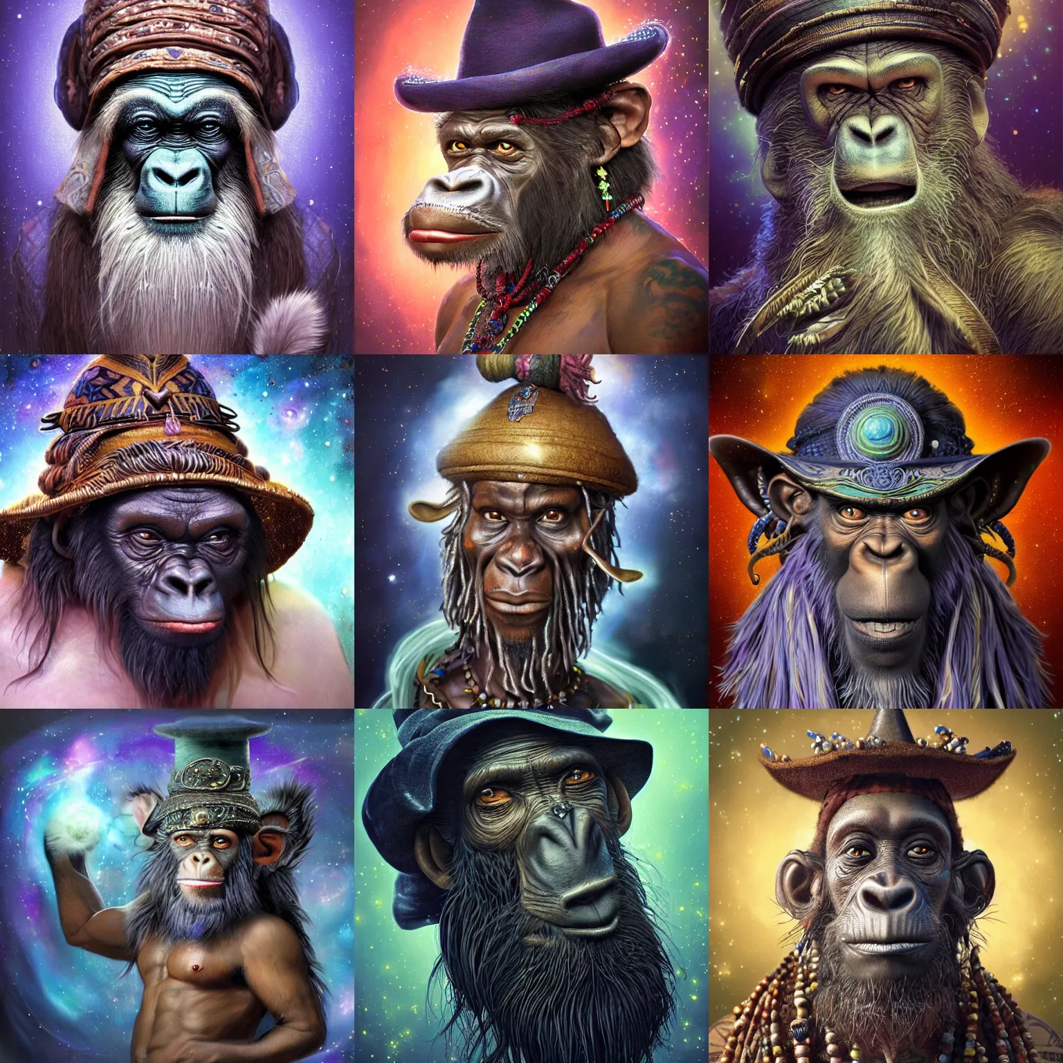 Prompt: a wlop 3 d render of very very very very highly detailed beautiful mystic portrait of a sage voodoo ape in a hat with whirling galaxy around, tattoos by anton pieck, intricate, extremely detailed, digital painting, artstation, concept art, smooth, sharp focus, illustration, intimidating lighting, incredible art,