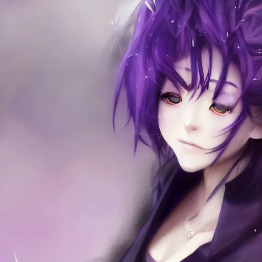 Image similar to beautiful anime woman ( ( ( ( shion ) ) ) ) with purple hair, ( ( horn ) ) ( ( ( ponytail ) ) ) ( purple eyes ), a purple tuxedo, sharp focus, intricate, cell shaded, award winning photography, cinematic, digital painting, cinematic, wlop, 8 k, by ross tran, tom bagshaw