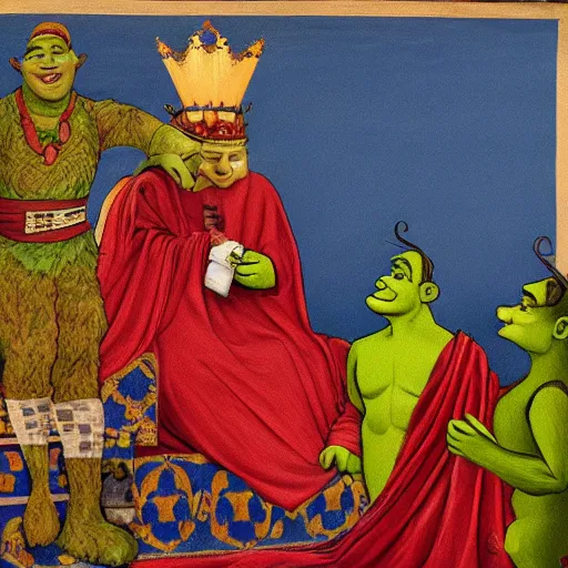 Image similar to shrek is crowned as the byzantine emperor, oil on canvas, 1 8 9 3, high quality, high resolution