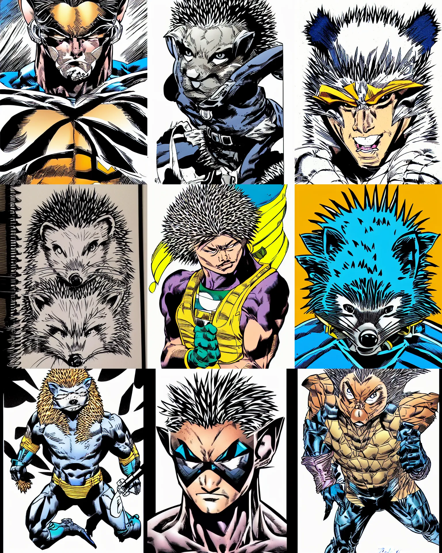 Prompt: hedgehog!!! jim lee!!! macro headshot flat colored ink sketch by jim lee in the style of jim lee, comic book by jim lee