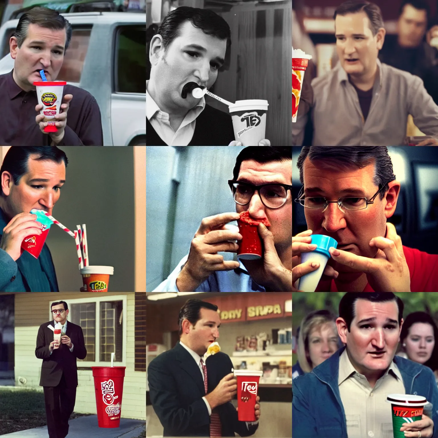 Prompt: ted cruz zodiac killer drinking a slurpee, 8 k, hd, movie still