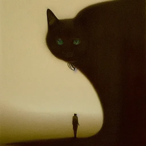 Prompt: man walking alone in the moonlight with a black cat beside it, an ultrafine detailed painting by zdzisław beksinski, low contrast, surrealism, cgsociety, precisionism, 2 d game art, mist, dystopian art