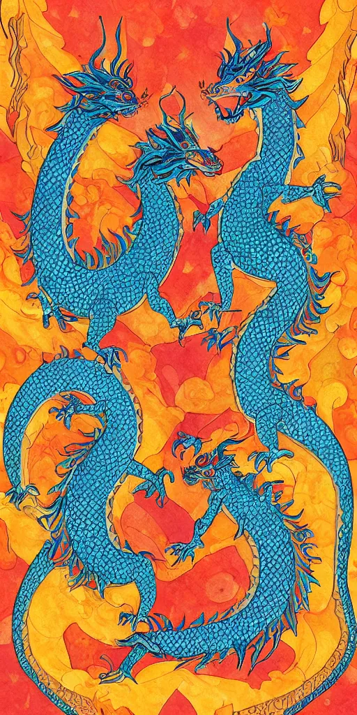 Image similar to greeting card, love, 2 beautiful royal dragons, by wylie beckert, warm colors, cozy