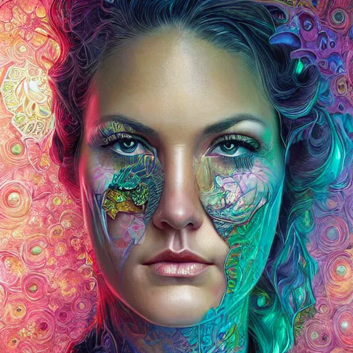 Image similar to portrait of danneel ackles, hyper detailed masterpiece, neon floral pattern, jean giraud, digital art painting, darkwave goth aesthetic, psychedelic, artgerm, donato giancola and tom bagshaw