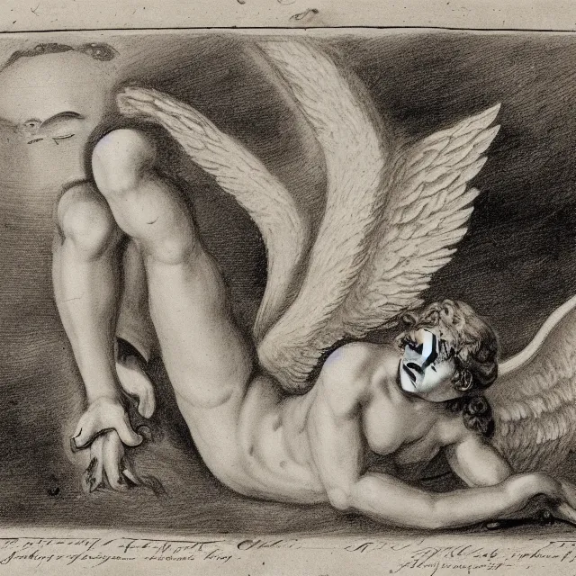 Prompt: autopsy of an angel, 18th century drawing, black and white, concept art