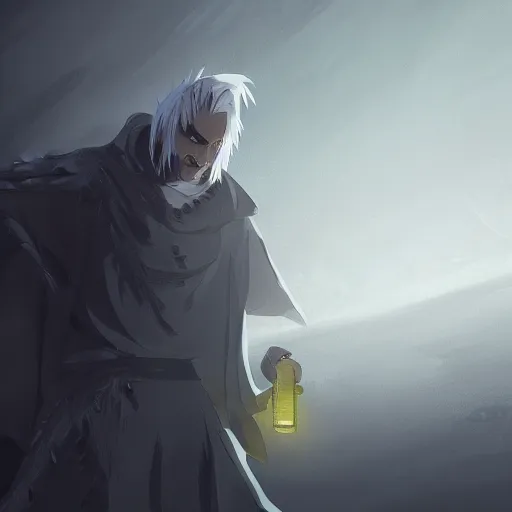 Image similar to a man with spiky white hair and yellow eyes, wearing a black cultist robe, medieval background, highly detailed, digital painting, artstation, matte, by makoto shinkai, animation style, studio ghibli, anime key visual