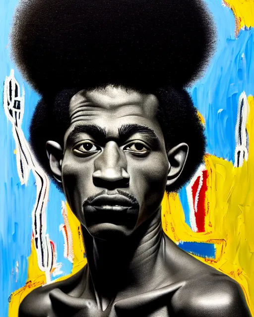 Image similar to A extremely ultra highly detailed majestic hi-res beautiful immaculate head and shoulders award winning painting stunning masterpiece of the face of a strong black african warrior man with an afro by Jean-Michel Basquiat, 8k, high textures, ultra hyper sharp, insanely detailed and intricate, super detailed, 8k HDR ultra high quality