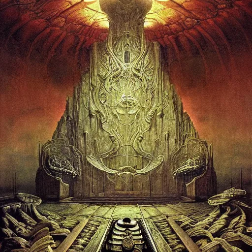 Image similar to the throne of wisdom | highly detailed matte painting, hyperrealistic, very intrincate | cinematic lighting, award - winning | by rachel ruysch, giger, beksinski and bocklin | by austin osman spare and william blake, trending on artstation, cgsociety, official art, octane.