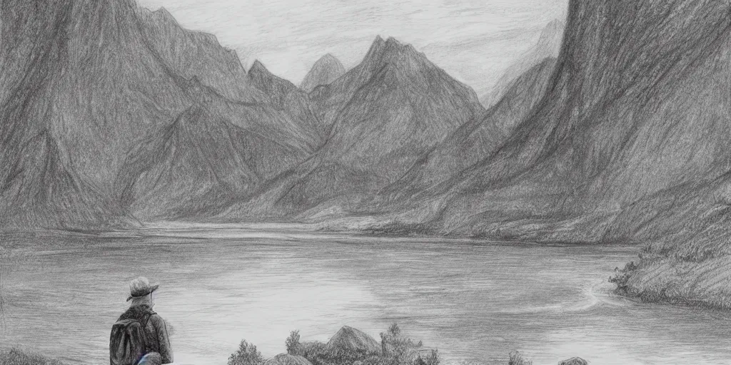 Prompt: A majestic landscape featuring a river, mountains and a forest. There is an old man standing, wearing a backpack and staring at the sunset. Cinematic, very beautiful, pencil drawing