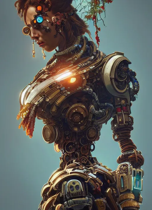 Prompt: portrait of a angry, robot steampunk, floral! horizon zero dawn machine, intricate, elegant, highly detailed, ray tracing, digital painting, artstation, concept art, smooth, sharp focus, illustration, art by artgerm and greg rutkowski and alphonse mucha, 8 k