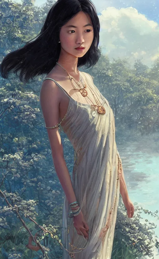 Image similar to a beautiful young charming asian goddess with sundress + jewelry + shinny eyes | | winter, symmetric, realistic shaded, unpleasant face, good looking, fine details, dior, lv, realistic shaded lighting poster by greg rutkowski, macoto takahashi, magali villeneuve, artgerm, jeremy lipkin and michael garmash