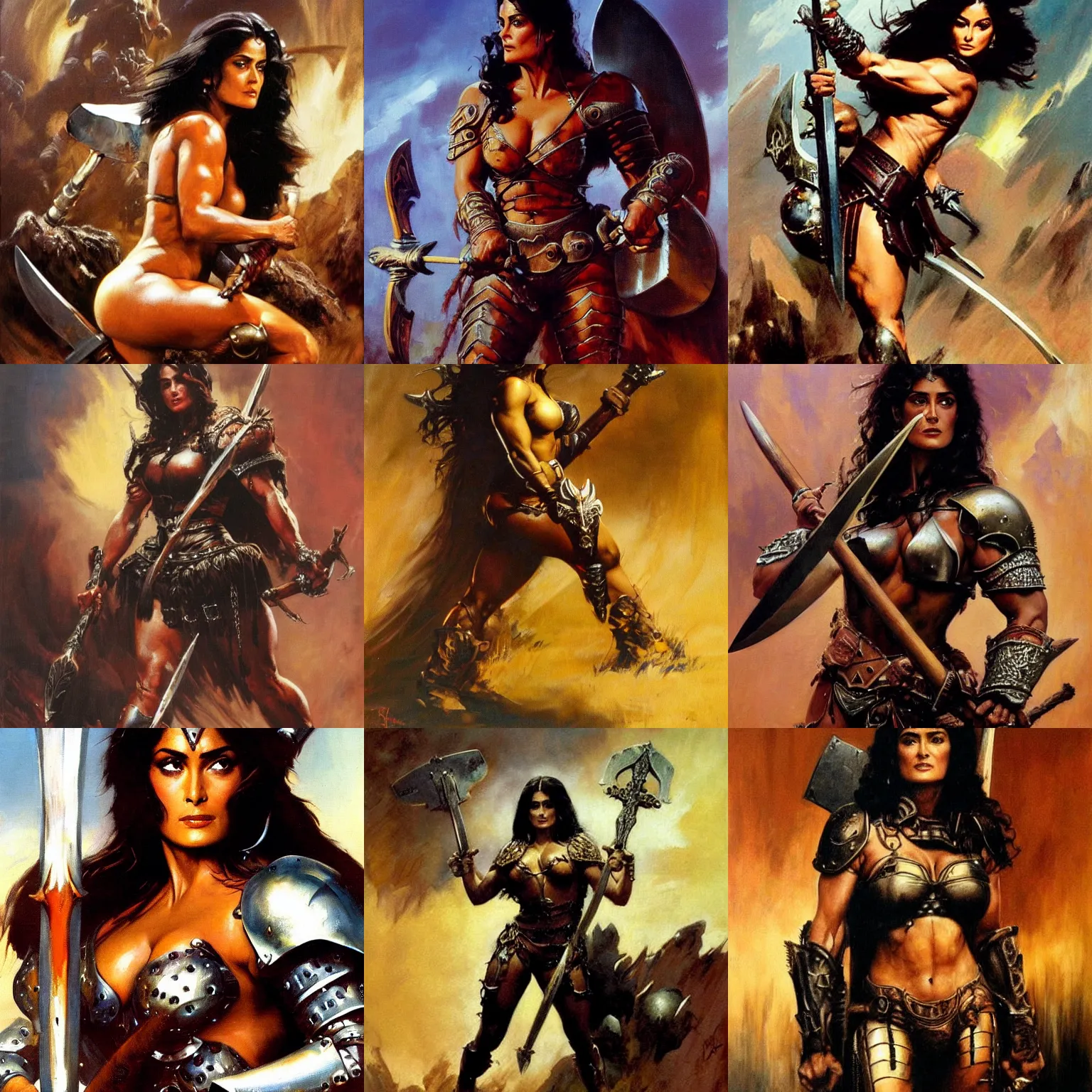 Prompt: a frank frazetta oil painting of a beautiful muscular salma hayek wearing armor holding a large battle axe, dynamic shot, hd 4 k, intricate, highly detailed, atmospheric, sharp