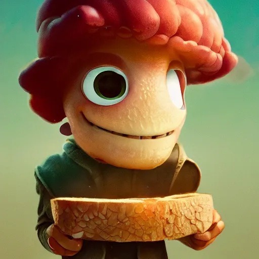 Image similar to super intelligent toasted bread smiled at me, cute pixar character, volumetric lighting, dynamic composition, fantasy, hyper detailed, ultra realistic, sharp focus, octane render, concept art by sachin teng and sergey kolesov and ruan jia and heng z