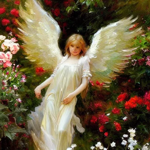 Image similar to an exquisite portrait painting of a beautiful angel with her wings spread out, in a dreamy garden by daniel gerhartz. highly detailed, back lit, beautiful painting, soft illumination, atmospheric, ethereal