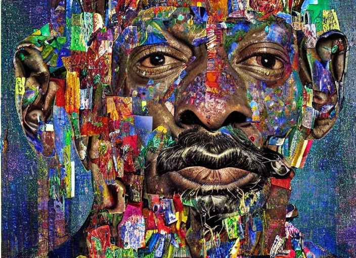 Prompt: a full decollage portrait of snoop dogg, splintered mirror, painting by max ernst