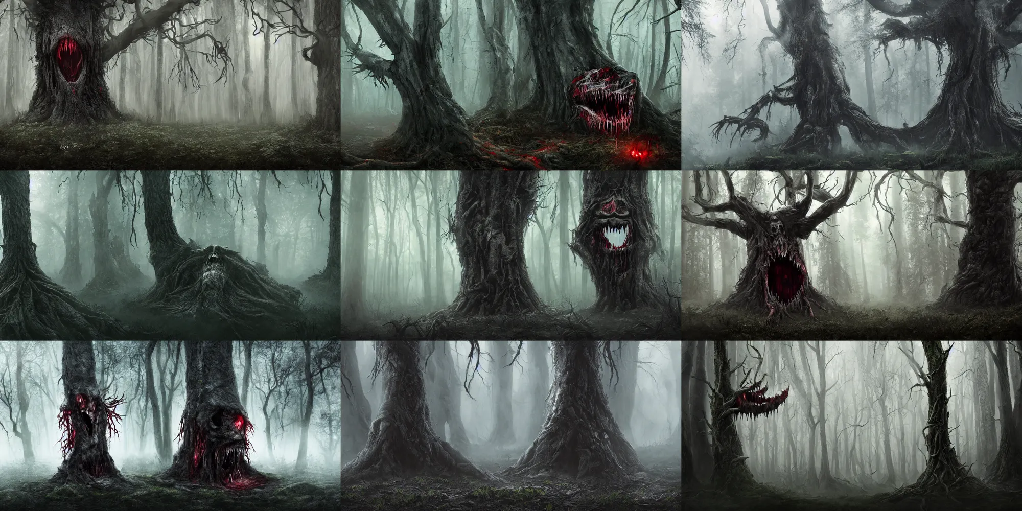 Prompt: dark forest shrouded in mist, a tree with bloody fanged mouth gaping open fangs visible, face on tree trunk with fangs, forbearing, oppressive, epic composition, digital art, concept art, 4 k, highly detailed