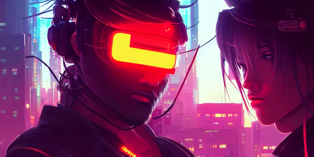 Image similar to digital illustration closeup portrait of cyberpunk samurai in city street at night by makoto shinkai, ilya kuvshinov, lois van baarle, rossdraws, basquiat | afrofuturism, in the style of hearthstone, trending on artstation | cool color scheme