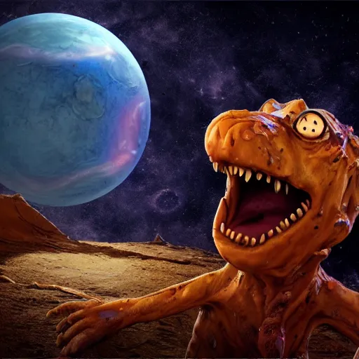 Image similar to eldritch horror bloody garfield in space, hd, 8 k, giant, epic, realistic photo, unreal engine, stars, prophecy, powerful, cinematic lighting, destroyed planet, debris, violent, sinister, ray tracing, dynamic, epic composition, dark, horrific, teeth, grotesque, monochrome drawing, hellscape