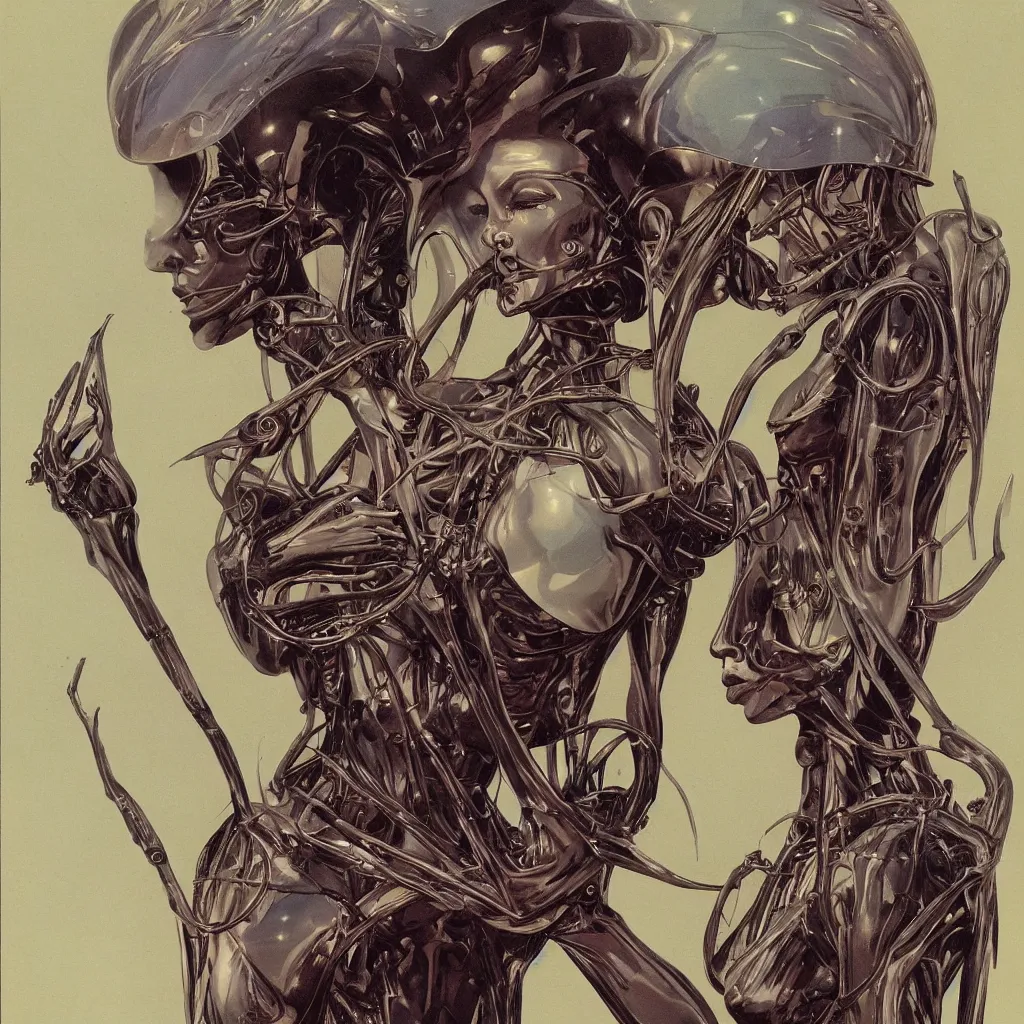 Prompt: anatomical depiction of a beautiful alien femme biology, latex domme, extraterrestrial, sharp focus, by james gurney, by bruce pennington, ornate portrait, high quality