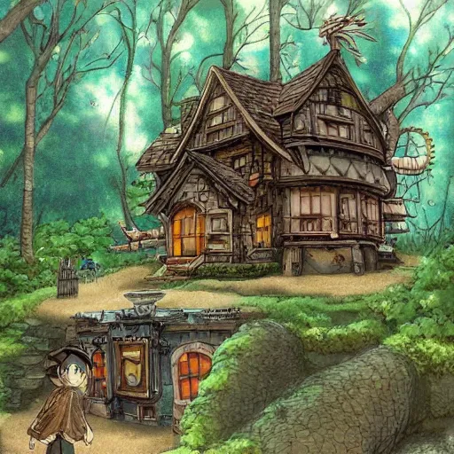 Image similar to Studio Ghibli steampunk cottage in the woods by a stream by Hayao Miyazaki