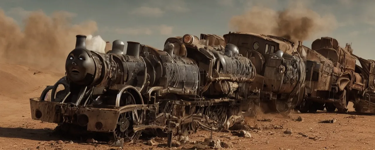 Image similar to Thomas the Tank Engine, the Batmobile and the Delorean in MAD MAX: FURY ROAD