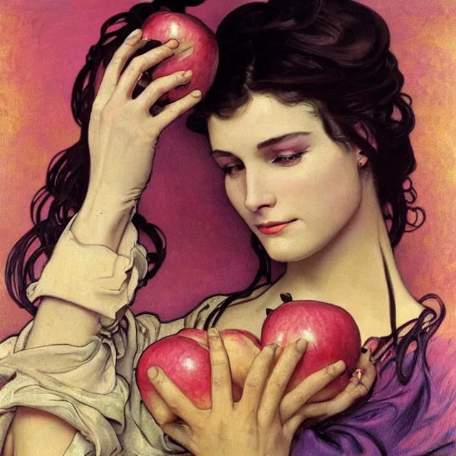 Image similar to an aesthetic! detailed close - up portrait of an aesthetic woman crying mournfully while holding an apple in a gloved hand, by frank frazetta and alphonse mucha, oil on canvas, bright colors, art nouveau, epic composition, dungeons and dragons fantasy art, hd, god - rays, ray - tracing, crisp contour - lines, huhd - 8 k