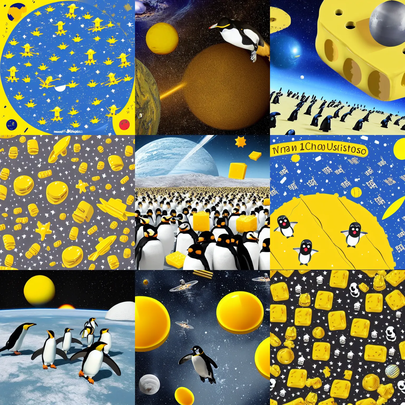 Prompt: planet made of yellow swiss cheese in space, robotic penguins, soldier army, invasion, hyper-realistic